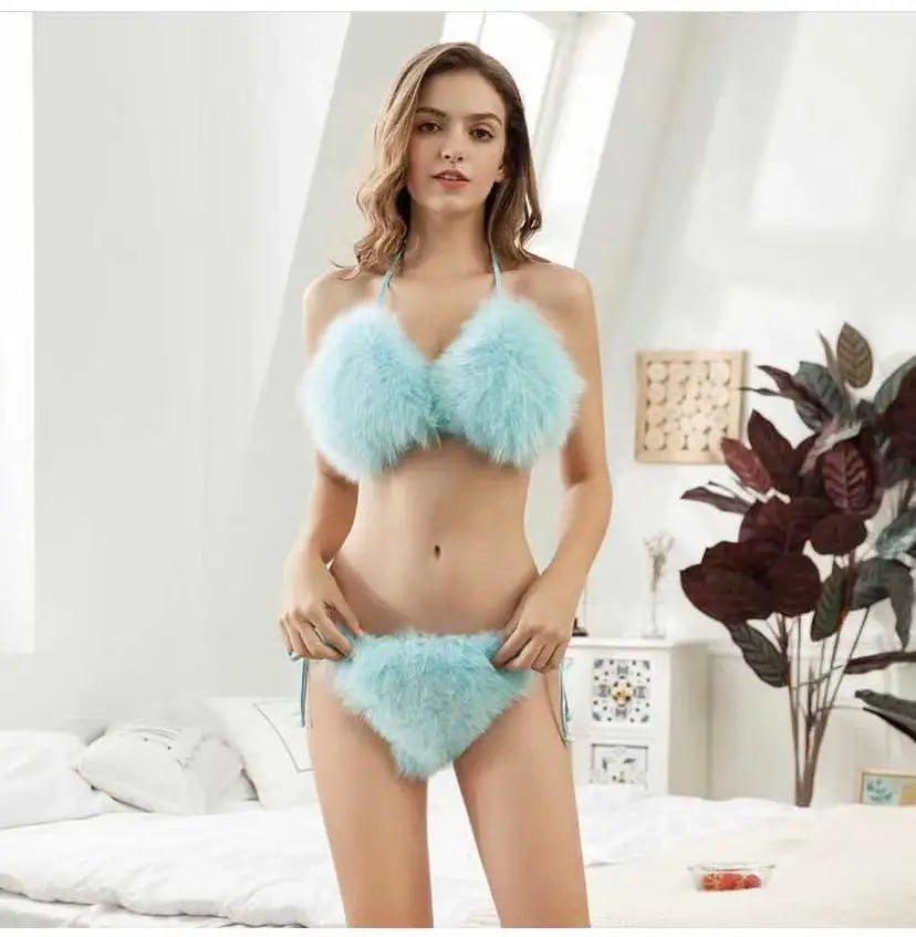 Women’s 2025 Fur Trim Bikini Set – Adjustable Bra 2‑Piece Swimsuit, Cute Summer Beachwear