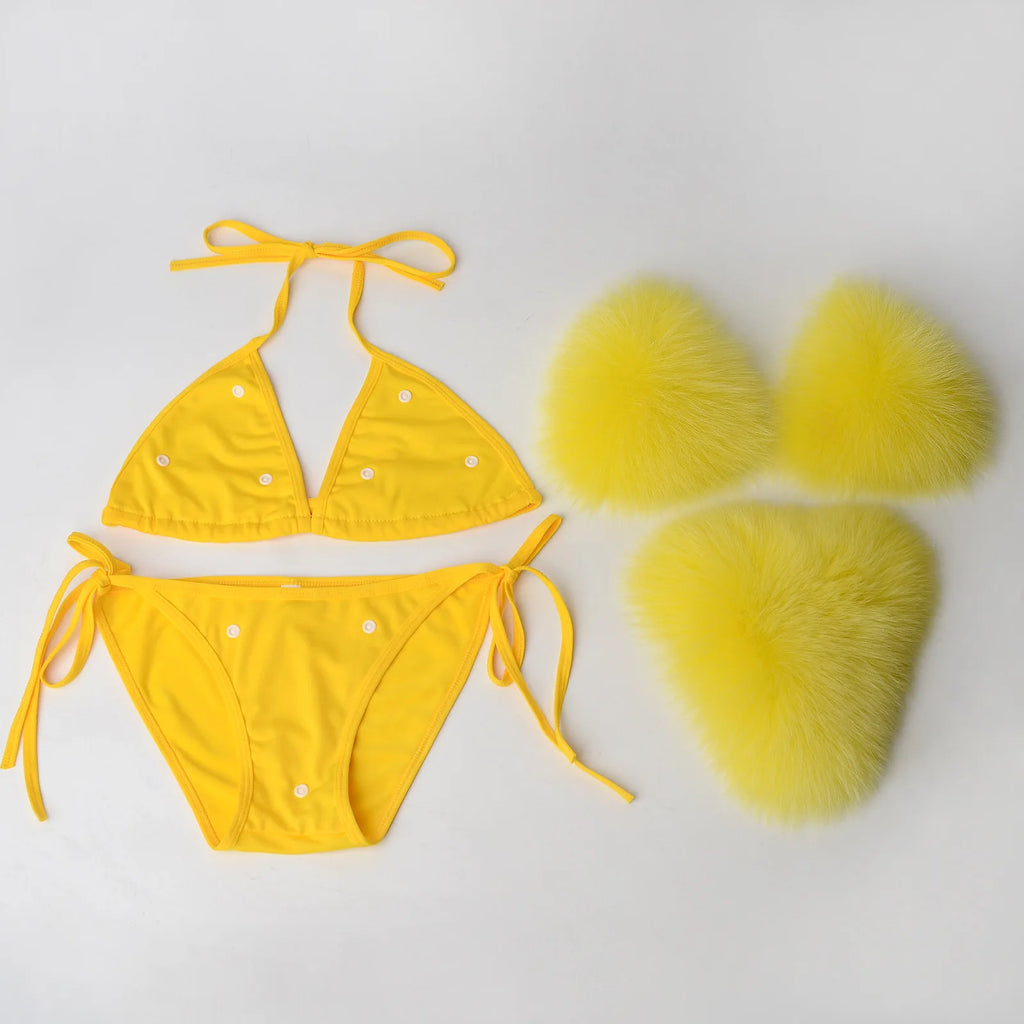 Women’s 2025 Fur Trim Bikini Set – Adjustable Bra 2‑Piece Swimsuit, Cute Summer Beachwear