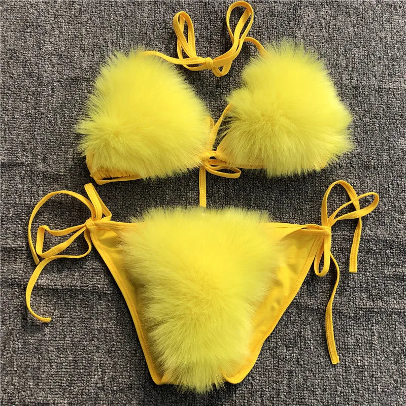 Women’s 2025 Fur Trim Bikini Set – Adjustable Bra 2‑Piece Swimsuit, Cute Summer Beachwear