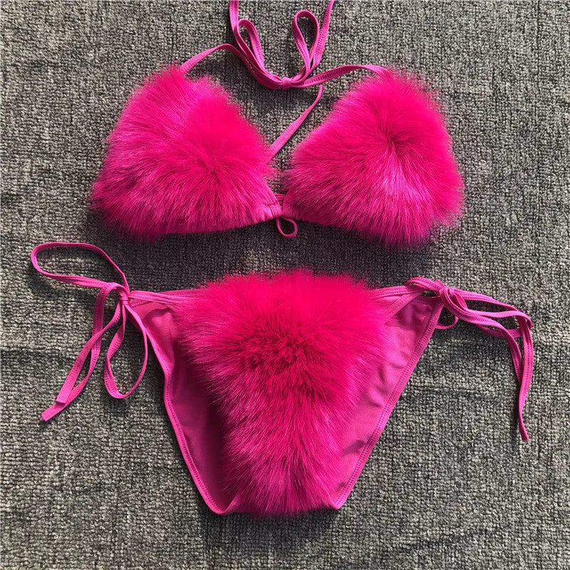 Women’s 2025 Fur Trim Bikini Set – Adjustable Bra 2‑Piece Swimsuit, Cute Summer Beachwear