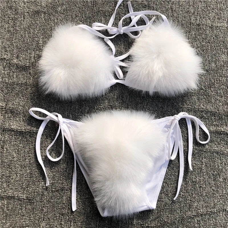 Women’s 2025 Fur Trim Bikini Set – Adjustable Bra 2‑Piece Swimsuit, Cute Summer Beachwear