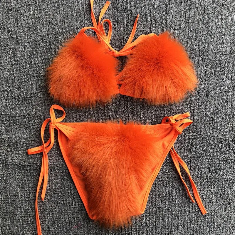 Women’s 2025 Fur Trim Bikini Set – Adjustable Bra 2‑Piece Swimsuit, Cute Summer Beachwear