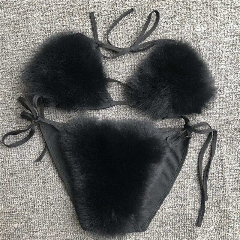 Women’s 2025 Fur Trim Bikini Set – Adjustable Bra 2‑Piece Swimsuit, Cute Summer Beachwear