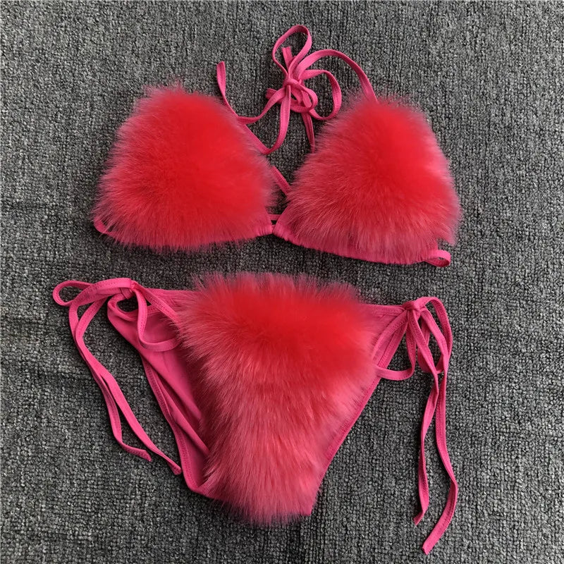 Women’s 2025 Fur Trim Bikini Set – Adjustable Bra 2‑Piece Swimsuit, Cute Summer Beachwear
