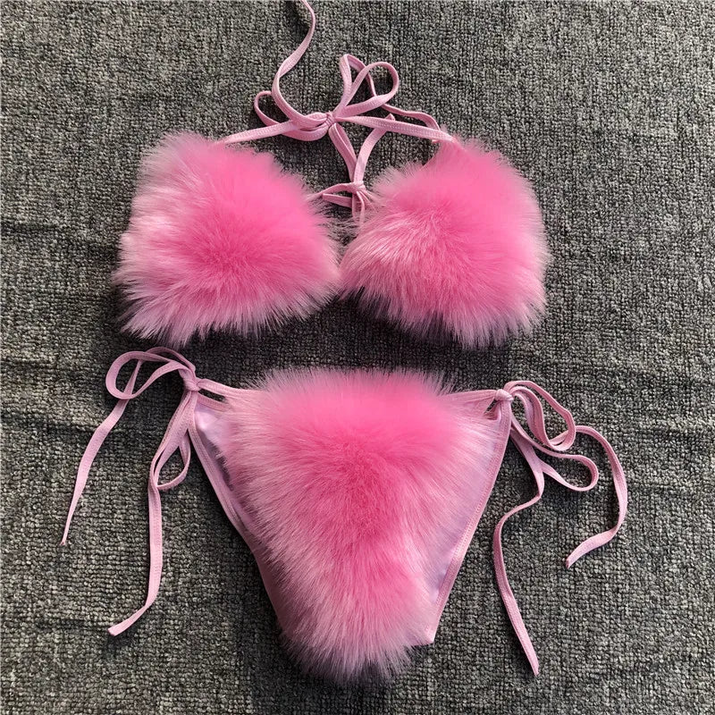 Women’s 2025 Fur Trim Bikini Set – Adjustable Bra 2‑Piece Swimsuit, Cute Summer Beachwear