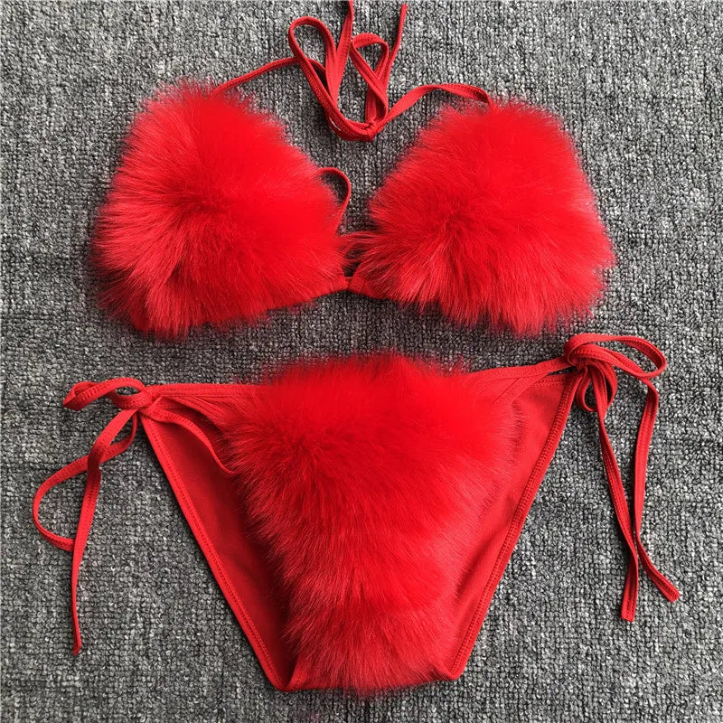 Women’s 2025 Fur Trim Bikini Set – Adjustable Bra 2‑Piece Swimsuit, Cute Summer Beachwear