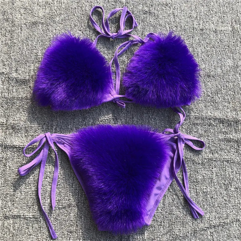 Women’s 2025 Fur Trim Bikini Set – Adjustable Bra 2‑Piece Swimsuit, Cute Summer Beachwear