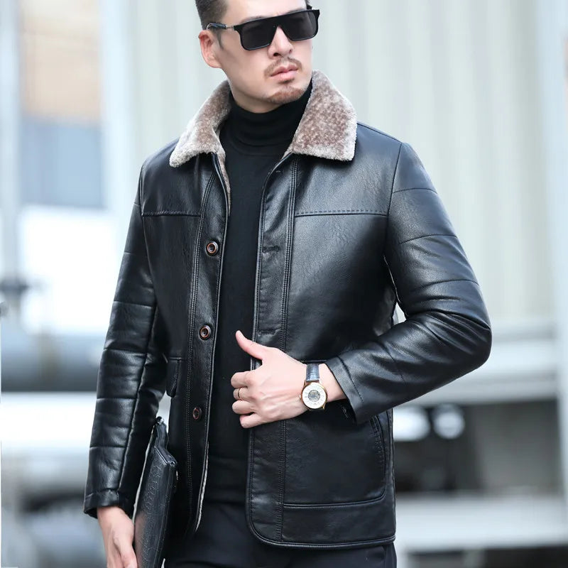 YX-838 Natural Leather Men's Autumn and Winter Sheepskin Casual Lapel Mid Length Business Leather Down Jacket Plus Size