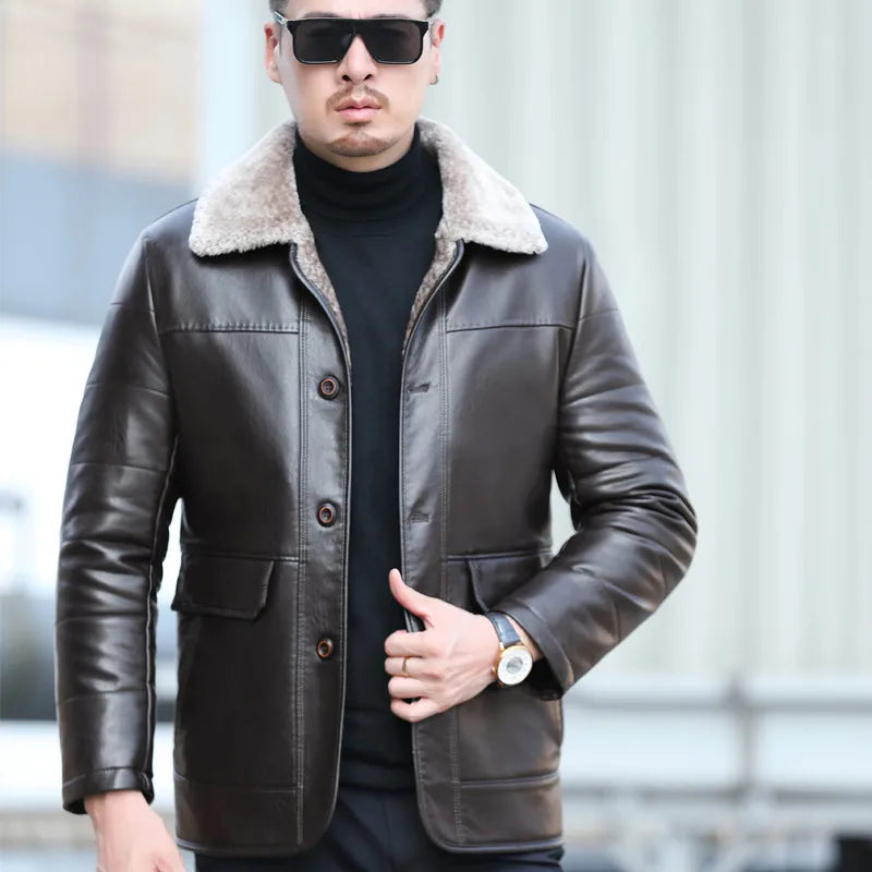 YX-838 Natural Leather Men's Autumn and Winter Sheepskin Casual Lapel Mid Length Business Leather Down Jacket Plus Size