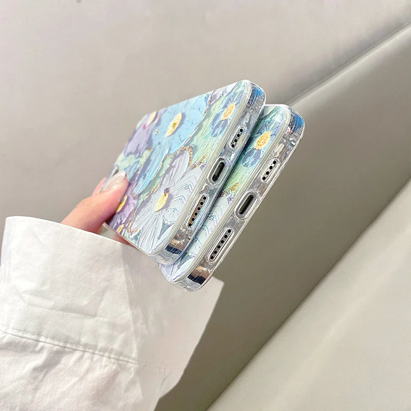 Luxury Fashion Retro Flowers Laser Phone Case For iPhone 11 12 13 14 15 16 Pro MAX X XS XR 7 8 Plus SE Soft Shockproof Cover