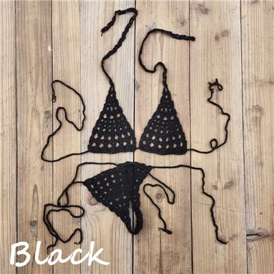 Handmade Crochet Micro Bikini Set Sexy Lingerie Set Sunbathing Swimwear Black