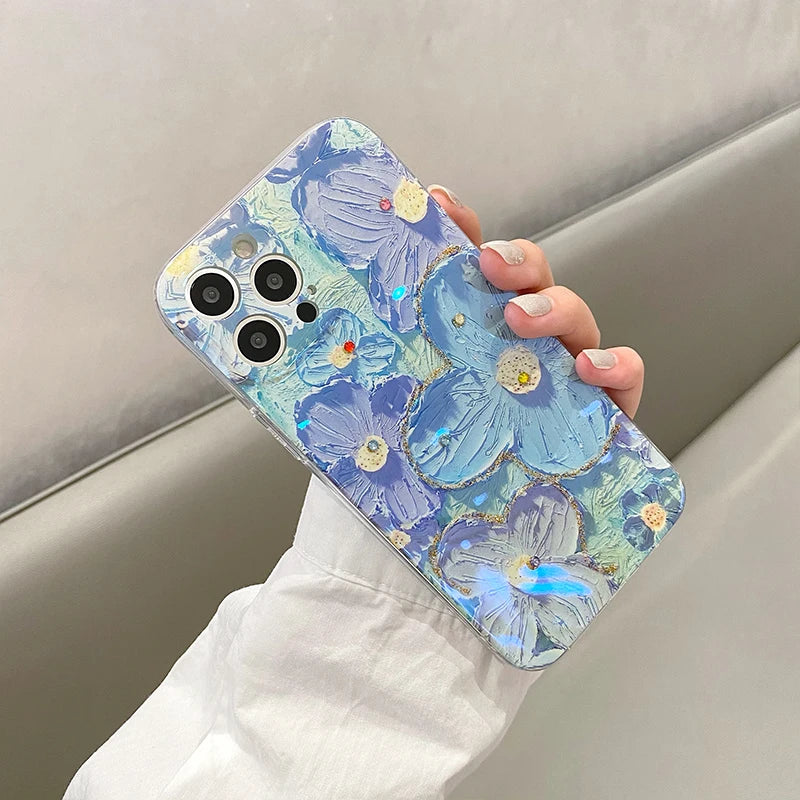 Luxury Fashion Retro Flowers Laser Phone Case For iPhone 11 12 13 14 15 16 Pro MAX X XS XR 7 8 Plus SE Soft Shockproof Cover