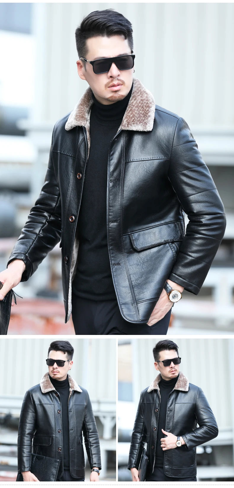 YX-838 Natural Leather Men's Autumn and Winter Sheepskin Casual Lapel Mid Length Business Leather Down Jacket Plus Size