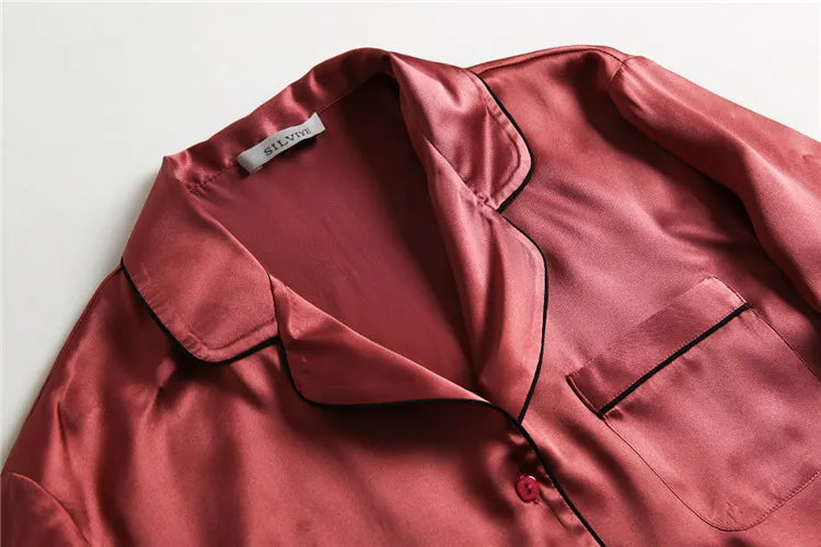SuyaDream Women Silk Pajamas Solid 100%Real Silk Long sleeves Sleepset Set 2022 Turn Down Collar Print Two-piece Nightwear