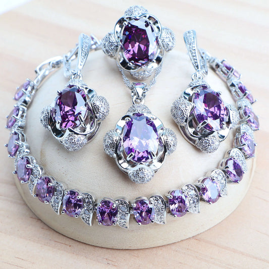 Purple 925 Silver Jewelry Sets For Women Bridal  Fine Costume Jewelry Wedding CZ Earrings Rings Bracelets Pendant Necklace Set
