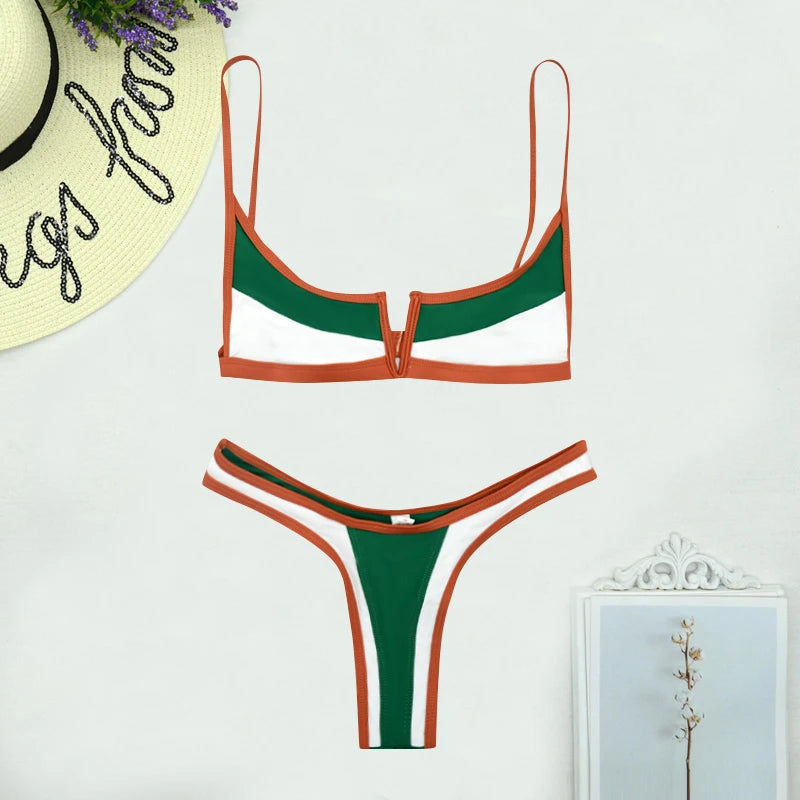 Vintage Retro Bikini Patchwork Swimsuit Thong Brazilian Sexy Swimwear Female 2024 New Summer Micro V-bar Green Bathing Suits