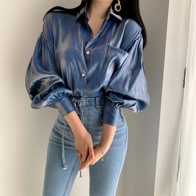 Gradient Color Shirts Womens 2022 Fashion Bright Blouse Female Elegant Lapel Button Blusa Casual Puff Sleeve Top Oversize