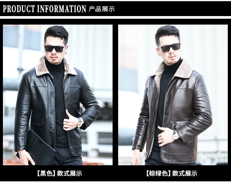 YX-838 Natural Leather Men's Autumn and Winter Sheepskin Casual Lapel Mid Length Business Leather Down Jacket Plus Size