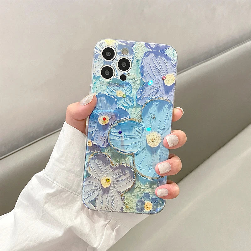 Luxury Fashion Retro Flowers Laser Phone Case For iPhone 11 12 13 14 15 16 Pro MAX X XS XR 7 8 Plus SE Soft Shockproof Cover