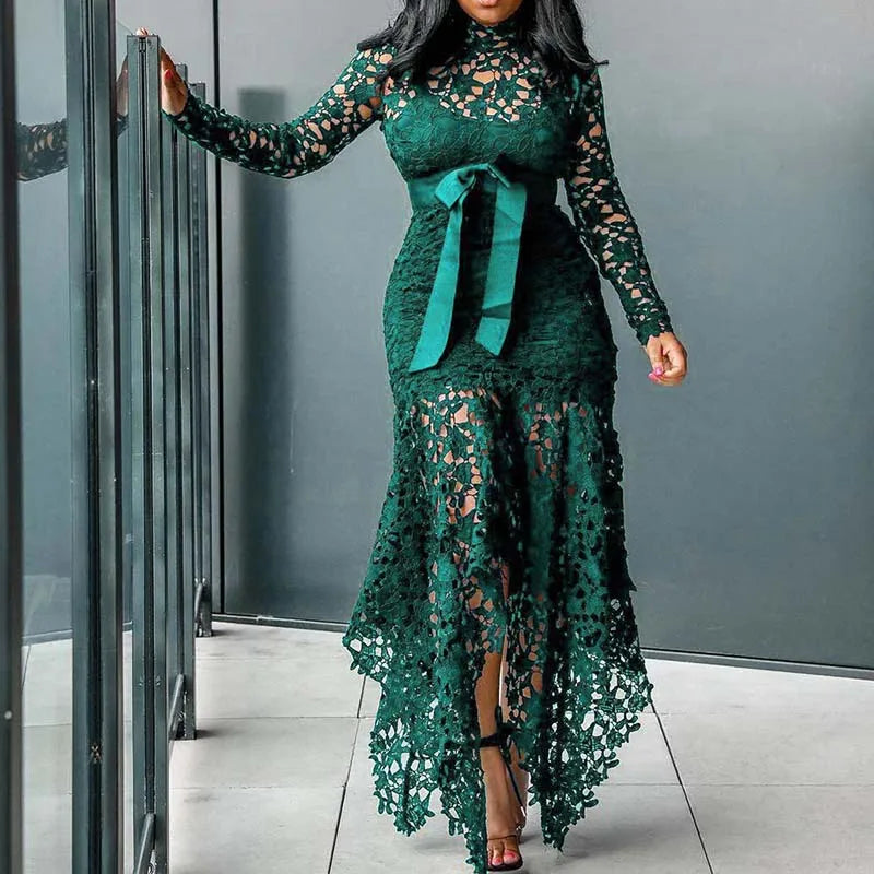 Customized Vintage Party Sexy Black Lace Long Dress Plus Big Size Large M-XXXL 4XL Women Mesh Hollow Bodycon Blue African Maxi D