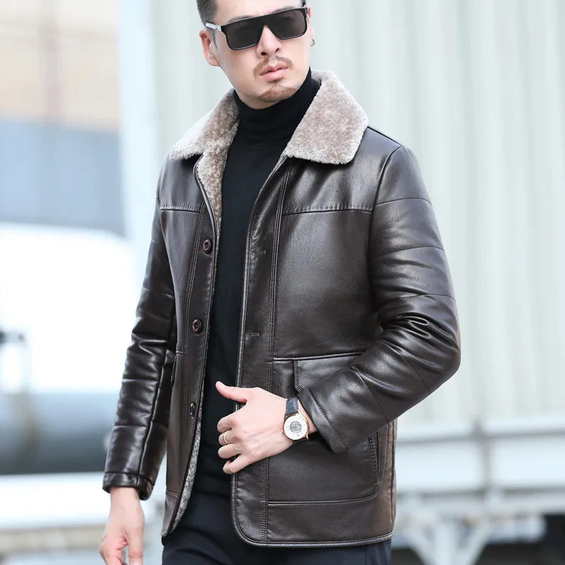YX-838 Natural Leather Men's Autumn and Winter Sheepskin Casual Lapel Mid Length Business Leather Down Jacket Plus Size