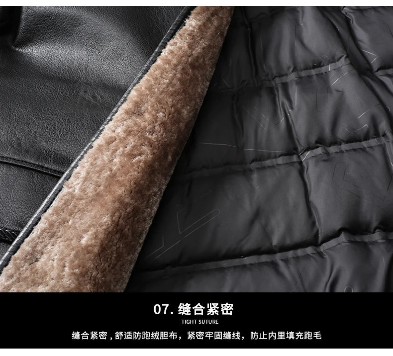 YX-838 Natural Leather Men's Autumn and Winter Sheepskin Casual Lapel Mid Length Business Leather Down Jacket Plus Size