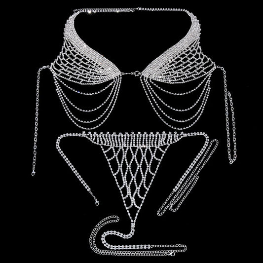 Stonefans Tassel Underwear Rhinestone Bra Chain Harness for Women Sexy Fashion Crystal Bikini Bra and Thong Sets Body Jewelry