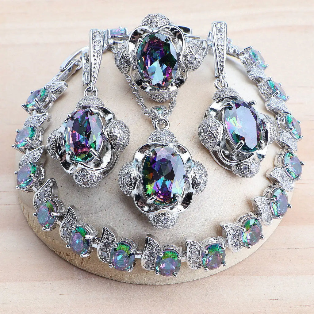 Purple 925 Silver Jewelry Sets For Women Bridal  Fine Costume Jewelry Wedding CZ Earrings Rings Bracelets Pendant Necklace Set