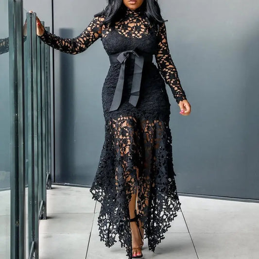 Customized Vintage Party Sexy Black Lace Long Dress Plus Big Size Large M-XXXL 4XL Women Mesh Hollow Bodycon Blue African Maxi D