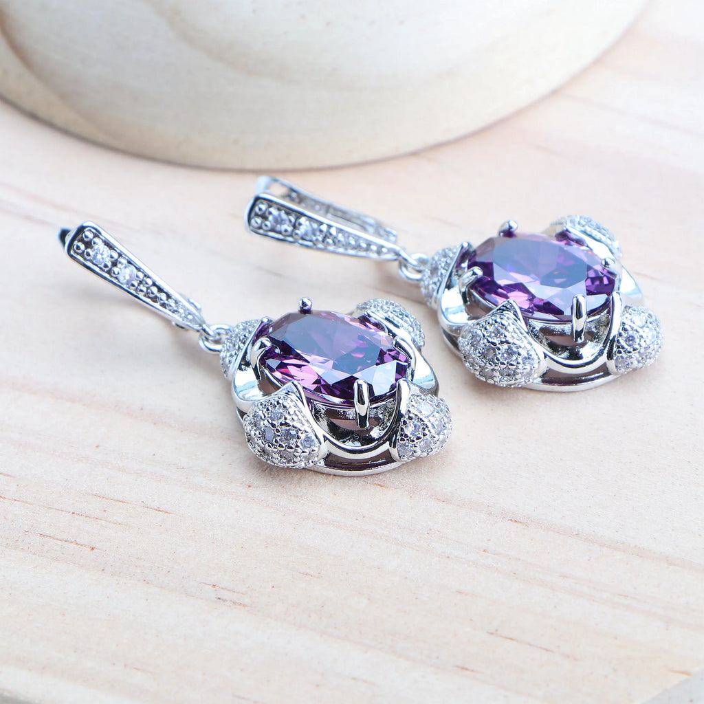 Purple 925 Silver Jewelry Sets For Women Bridal  Fine Costume Jewelry Wedding CZ Earrings Rings Bracelets Pendant Necklace Set