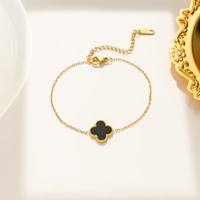 Fashion 18k Gold Plated Stainless Steel Jewelry Women Lucky Ladies Four Leaf Clover Rhinestone Bracelets Bangles