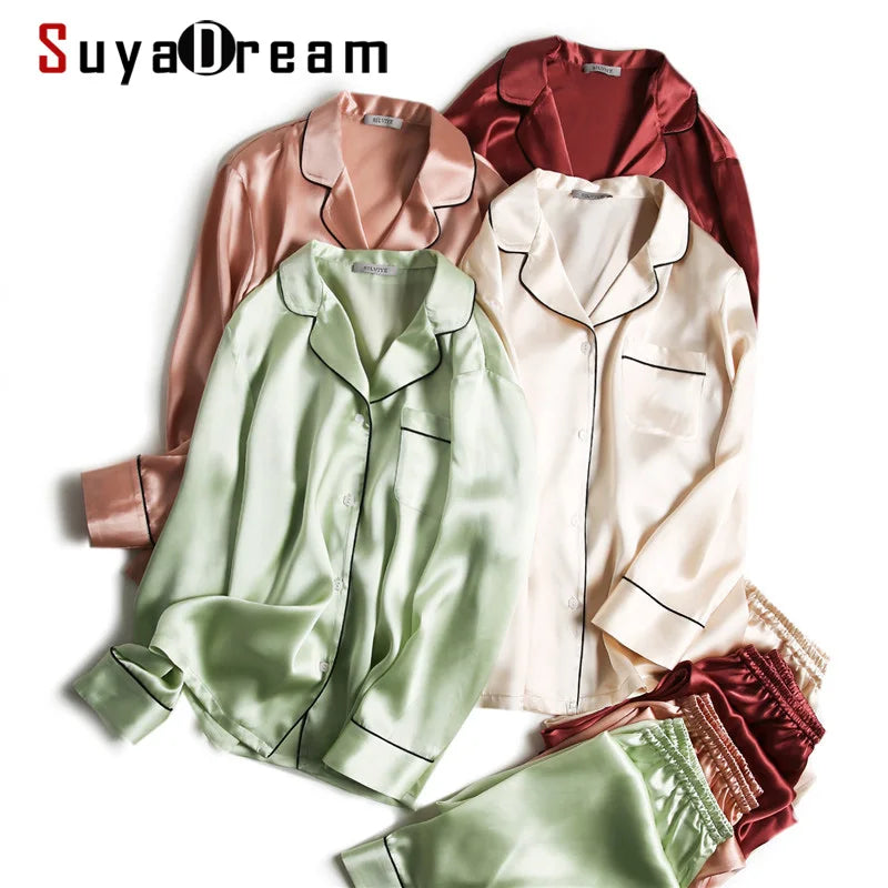SuyaDream Women Silk Pajamas Solid 100%Real Silk Long sleeves Sleepset Set 2022 Turn Down Collar Print Two-piece Nightwear