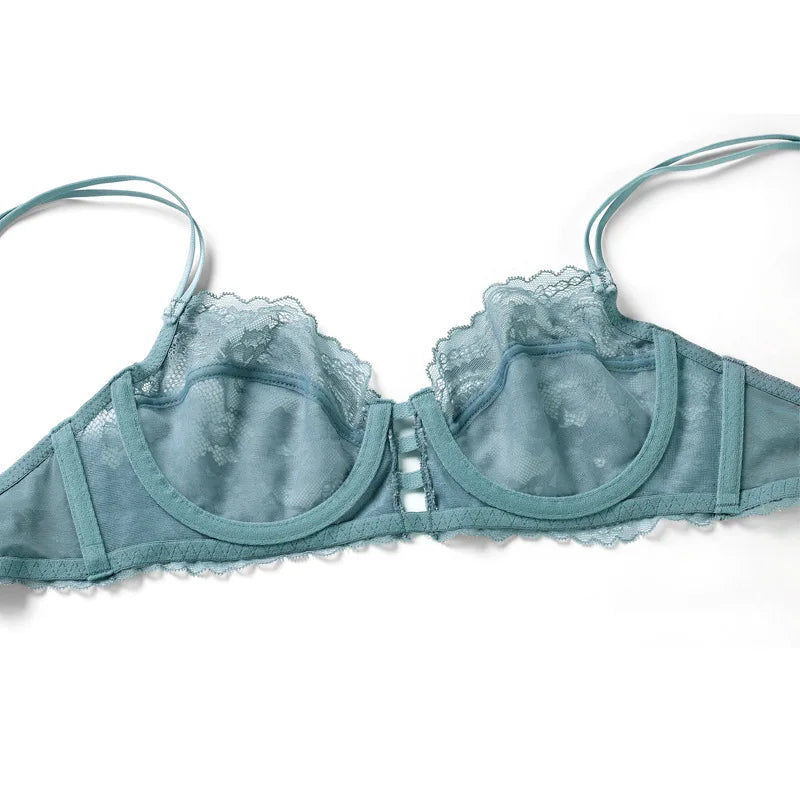 Sexy Ultrathin Transparent Lace Bra and Thong Set Underwear with Push Up Women French Lingerie Unlined B C D Cup 2021 New