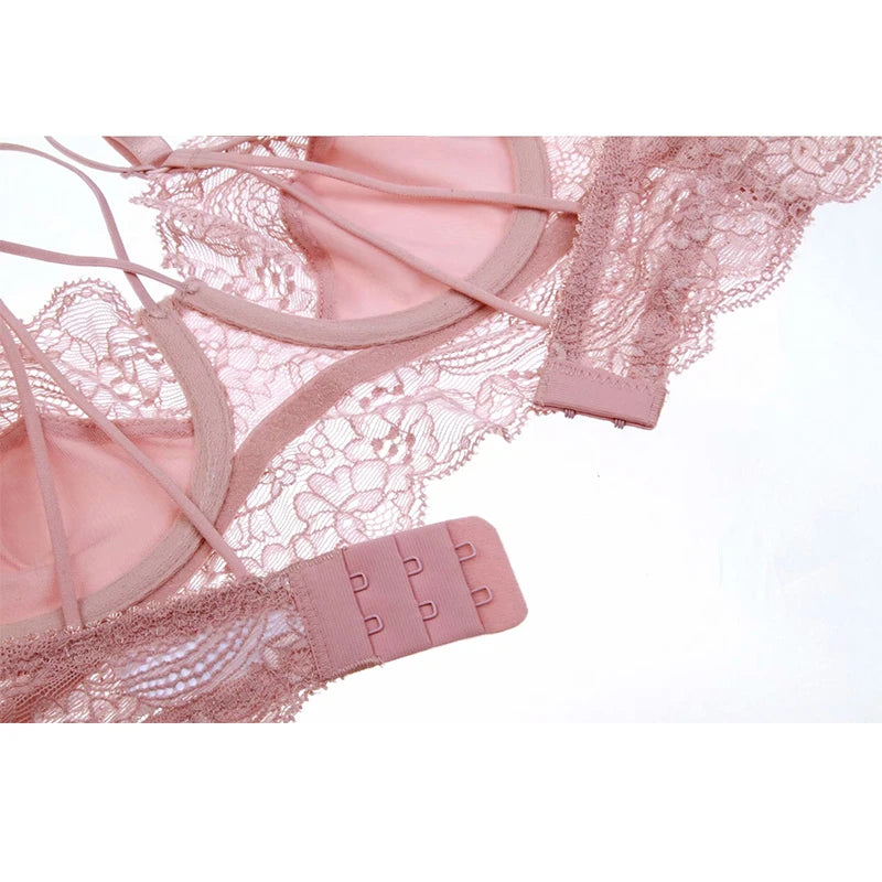 Classic Bandage Pink Bra Set Lingerie Push Up Brassiere Lace Underwear Set Sexy High-Waist Panties For Women underwear
