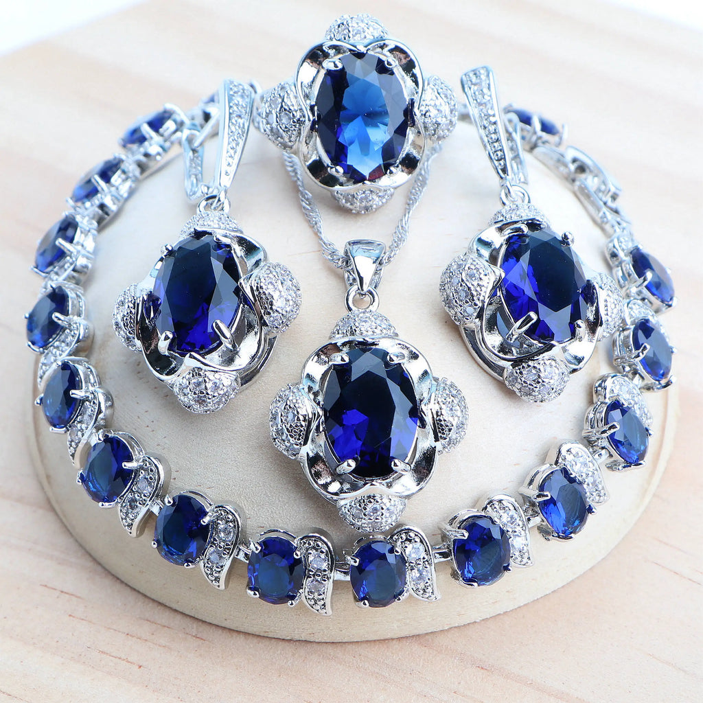 Purple 925 Silver Jewelry Sets For Women Bridal  Fine Costume Jewelry Wedding CZ Earrings Rings Bracelets Pendant Necklace Set