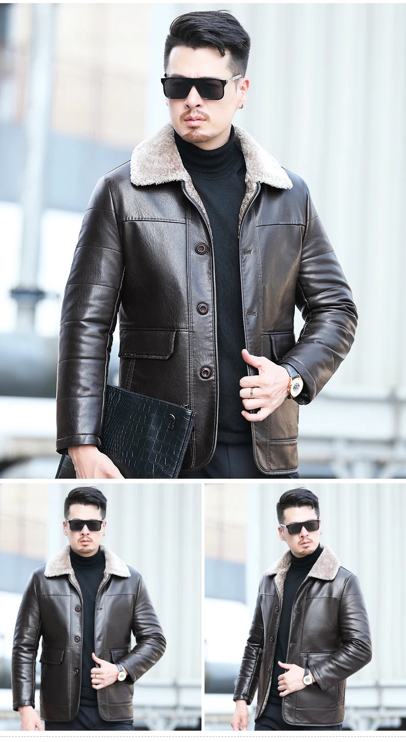 YX-838 Natural Leather Men's Autumn and Winter Sheepskin Casual Lapel Mid Length Business Leather Down Jacket Plus Size