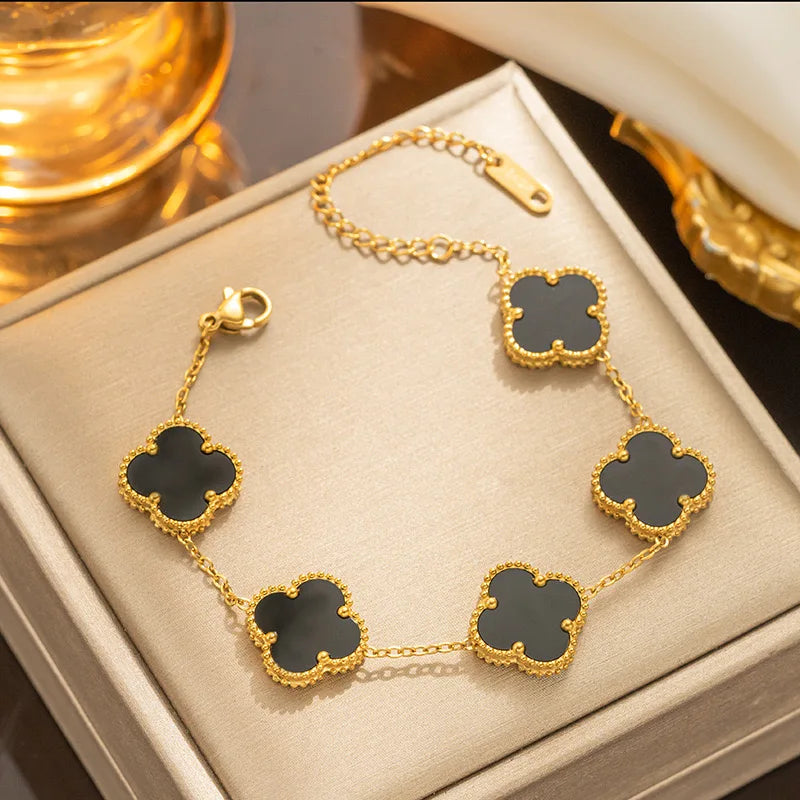 Fashion 18k Gold Plated Stainless Steel Jewelry Women Lucky Ladies Four Leaf Clover Rhinestone Bracelets Bangles