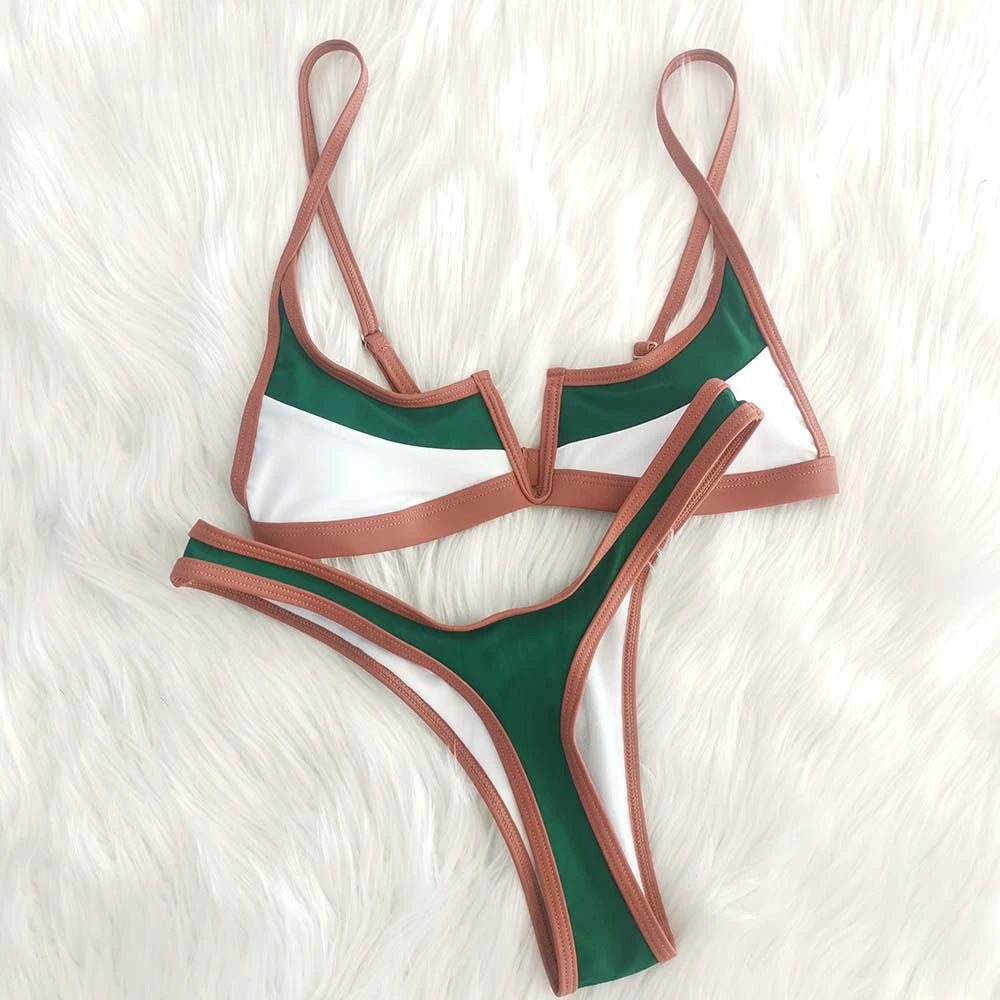 Vintage Retro Bikini Patchwork Swimsuit Thong Brazilian Sexy Swimwear Female 2024 New Summer Micro V-bar Green Bathing Suits