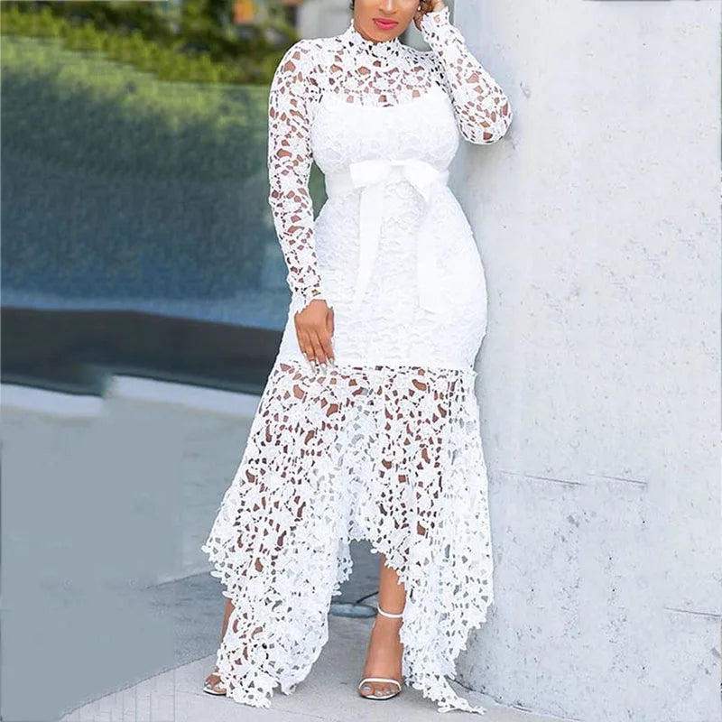 Customized Vintage Party Sexy Black Lace Long Dress Plus Big Size Large M-XXXL 4XL Women Mesh Hollow Bodycon Blue African Maxi D