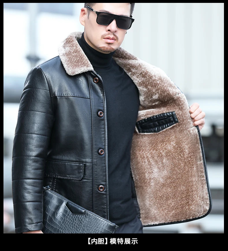 YX-838 Natural Leather Men's Autumn and Winter Sheepskin Casual Lapel Mid Length Business Leather Down Jacket Plus Size