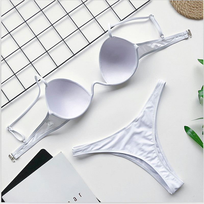 Sexy Women's Push Up Bikini Sets Solid Color Low-cut Ladies Beach Swimsuits Swimwear V-neck Biquini Bathing Suit Biquini Summer