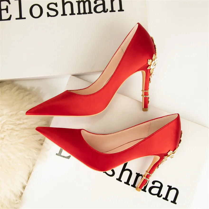 Luxury Metal Flowers Heel Crystal Bridal Shoes For Women Pointed Soft Silk Dress Shoe Shallow Sexy High Heels Pumps Female Party