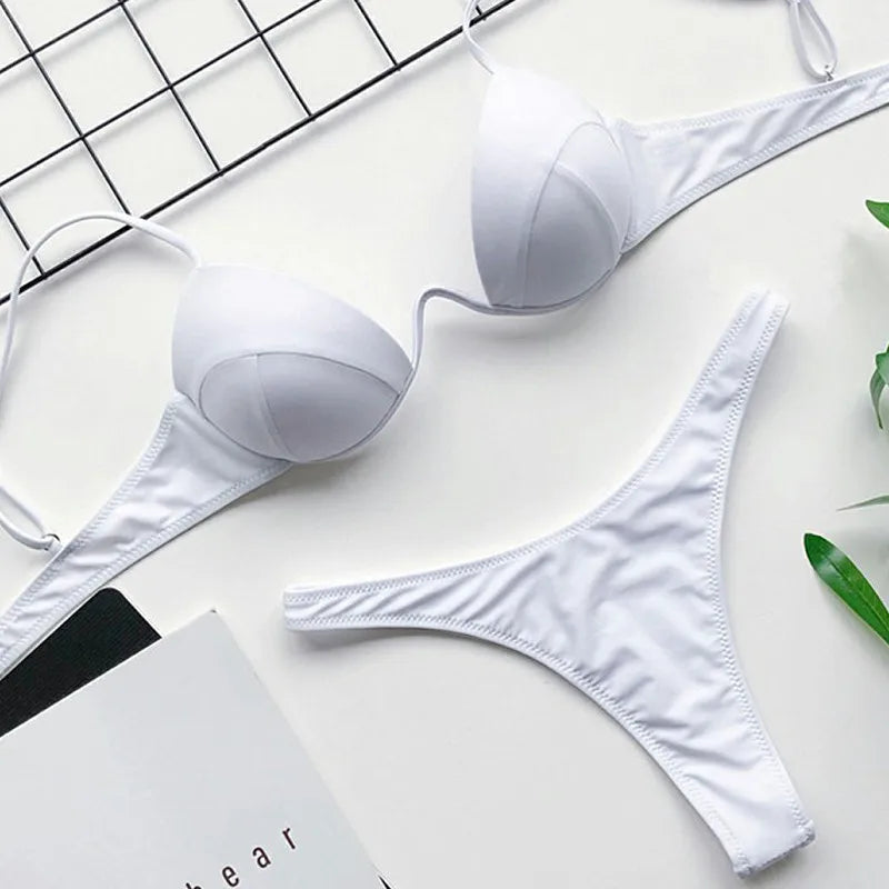 Sexy Women's Push Up Bikini Sets Solid Color Low-cut Ladies Beach Swimsuits Swimwear V-neck Biquini Bathing Suit Biquini Summer