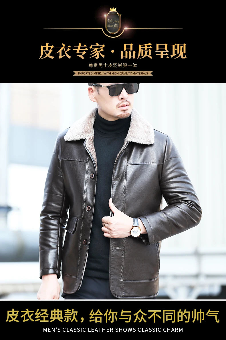 YX-838 Natural Leather Men's Autumn and Winter Sheepskin Casual Lapel Mid Length Business Leather Down Jacket Plus Size