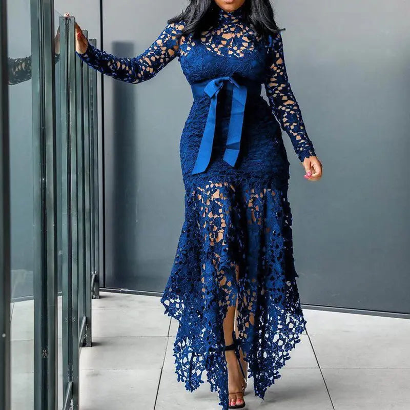 Customized Vintage Party Sexy Black Lace Long Dress Plus Big Size Large M-XXXL 4XL Women Mesh Hollow Bodycon Blue African Maxi D