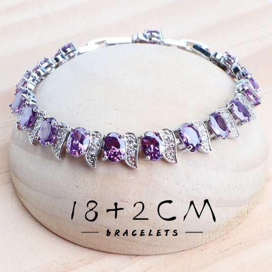 Purple 925 Silver Jewelry Sets For Women Bridal  Fine Costume Jewelry Wedding CZ Earrings Rings Bracelets Pendant Necklace Set