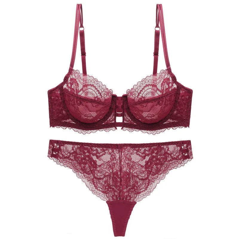 Sexy Ultrathin Transparent Lace Bra and Thong Set Underwear with Push Up Women French Lingerie Unlined B C D Cup 2021 New
