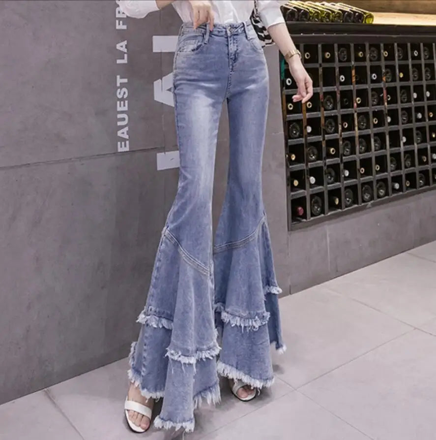 Flare Jeans Women Pant Fringed Tassels Split Slim Jeans Ladies Stretchy Pants High Waist Denim Pants s1140
