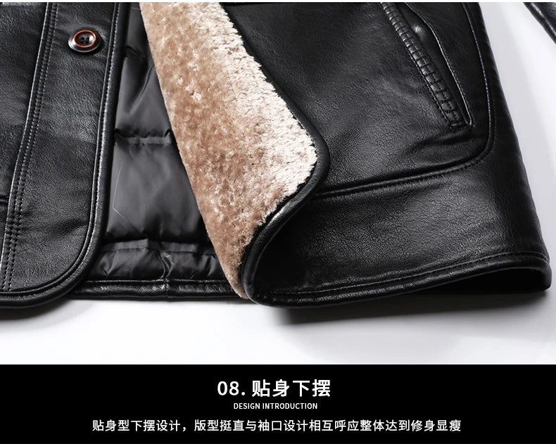 YX-838 Natural Leather Men's Autumn and Winter Sheepskin Casual Lapel Mid Length Business Leather Down Jacket Plus Size