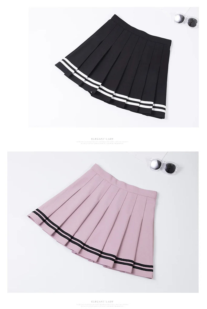 High‑Waist Elastic Patchwork Striped Pleated Mini Skirt